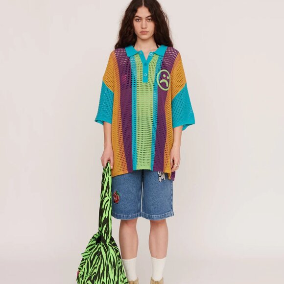 Lazy Oaf Moody Stripe Open Knit Oversized Polo Shirt Top Size S - Picture 2 of 8